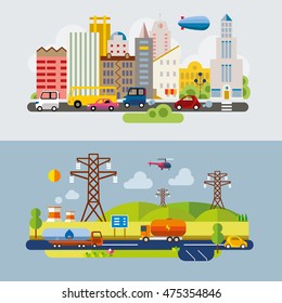 Set of different landscapes in the flat style - urban, rural, country, fabulous, city, mountain, travel.