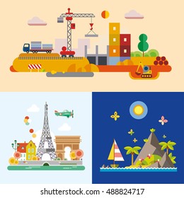 Set of different landscapes in the flat style - urban, rural, country, fabulous, city, mountain, travel.