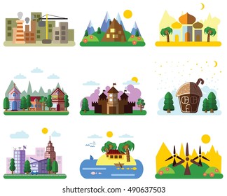 Set of different landscapes in the flat style - urban, rural, country, fabulous, city, mountain, travel and seascape 