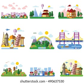 Set of different landscapes in the flat style - urban, rural, country, fabulous, city, mountain, travel and seascape 