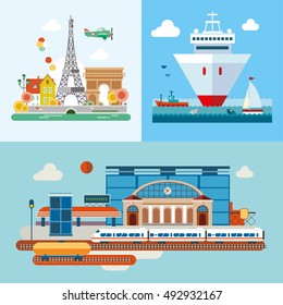 Set of different landscapes in the flat style - urban, rural, country, fabulous, city, mountain, travel.