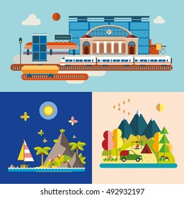 Set of different landscapes in the flat style - urban, rural, country, fabulous, city, mountain, travel.