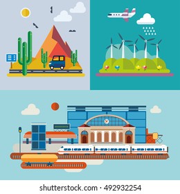 Set of different landscapes in the flat style - urban, rural, country, fabulous, city, mountain, travel.
