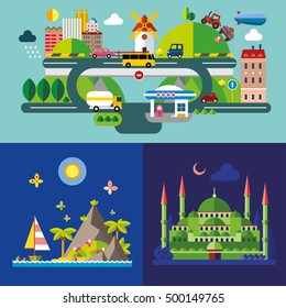 Set of different landscapes in the flat style - urban, rural, country, fabulous, city, mountain, travel.