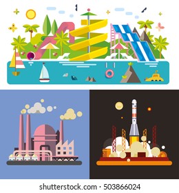 Set of different landscapes in the flat style - urban, rural, country, fabulous, city, mountain, travel.
