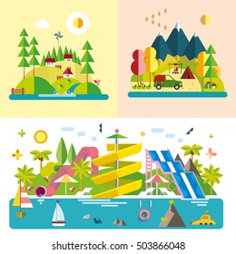 Set of different landscapes in the flat style - urban, rural, country, fabulous, city, mountain, travel.
