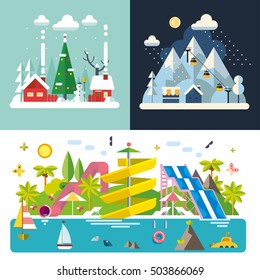 Set of different landscapes in the flat style - urban, rural, country, fabulous, city, mountain, travel.
