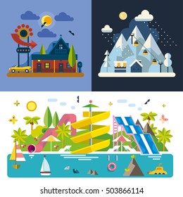 Set of different landscapes in the flat style - urban, rural, country, fabulous, city, mountain, travel.

