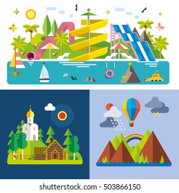 Conjunto de diferentes paisajes en estilo plano - urbano, rural, rural, fabuloso, ciudad, montaña, viajes.
