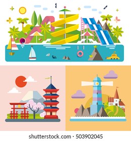 Set of different landscapes in the flat style - rural, country, fabulous, city, mountain, travel, water park