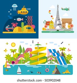 Set of different landscapes in the flat style - rural, country, fabulous, city, mountain, travel, water park