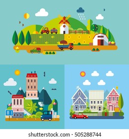 Set of different landscapes in the flat style
