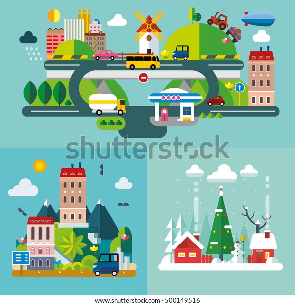 Set of different\
landscapes in the flat style - urban, rural, country, fabulous,\
city, mountain, travel.