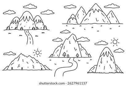 Eine Reihe von verschiedenen Landschaften mit Bergen. Handgezeichnete Vektorgrafik im Doodle-Stil. Perfekt für Karten, Banner, verschiedene Designs, Reisebroschüren.