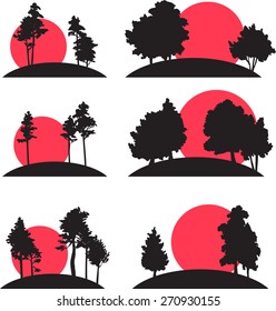 set of different landscapes with pine and deciduous trees, hand drawn vector illustration, forest icons, monochrome emblems