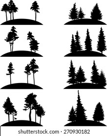 set of different landscapes with pine and fir trees, hand drawn vector illustration, forest icons, monochrome emblems