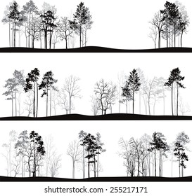 set of different landscapes with pine trees, hand drawn vector illustration