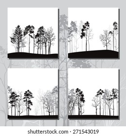 set of different landscapes with pine trees, square templates with winter forest, hand drawn vector illustration