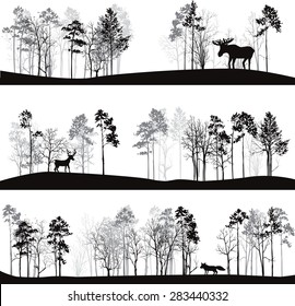 set of different landscapes with pine trees and wild animals, forest silhouettes with deer, elk, fox, hand drawn vector illustration