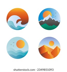 Set of different landscapes sunset sea desert in circle. Round flat icons of different locations and nature mountains, waves, sun, sand. Vector illustration.