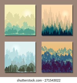 set of different landscapes with trees, square templates with forest and gardens, mountains and hills with thickets, hand drawn vector illustration