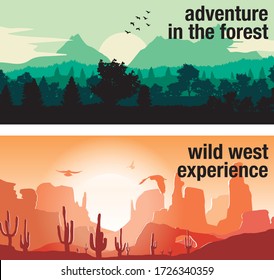 Set of different landscapes. Wild west experience and adventure in the forest. Original Vector Illustration.