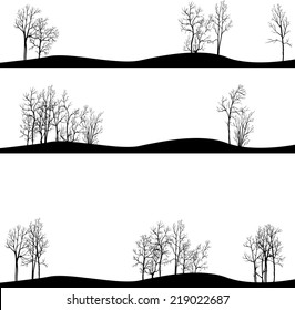 set of different landscapes with winter trees, hand drawn vector illustration