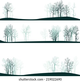 set of different landscapes with winter trees, hand drawn vector illustration