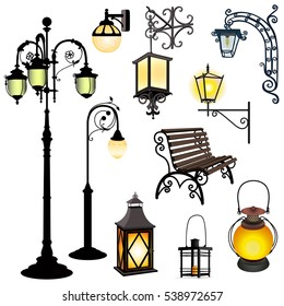 Set of different lanterns isolated objects and bench