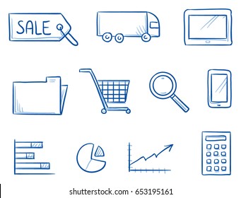 Set with different large business, office and shopping icons, as tablet, shopping cart, charts, truck, calculator and phone. Hand drawn line art cartoon vector illustration.