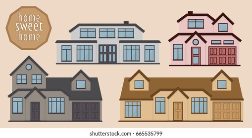 Set of different large houses in different colors