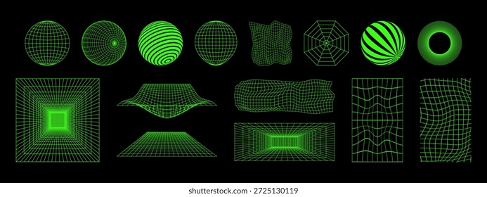 Set of different laser neon green wireframes isolated on black background. Modern futuristick, cyberpunk or techno grids. Sphere, lattice and room surfaces with meshed texture. Vector illustration.