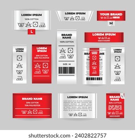 Set of different laundry label collection with care symbols and washing instructions, Label tag wash laundry cloth Laundry care tags with washing, drying, bleaching, ironing and cleaning information.