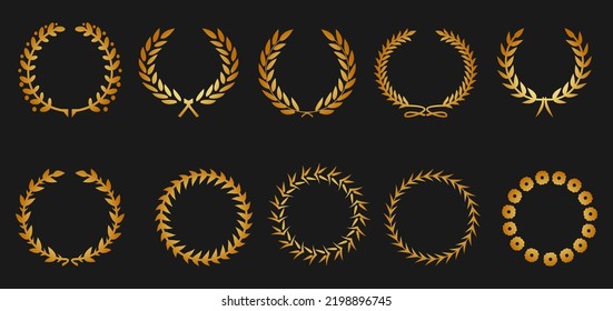 set different laurel wheat floral. circular black laurel circlets. gold laurel weaths silhouettes.