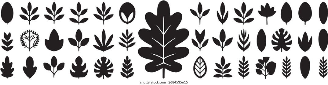 Set of different leaf silhouettes in vector style, suitable for eco, nature, and botanical projects