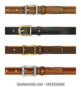 set of different leather belts in buttoned condition on an isolated white background