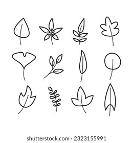 Conjunto de hojas diferentes. Colección de hojas. Ilustración vectorial en blanco y negro. Iconos de línea simples.  Conjunto de 12 hojas de árbol. Saltos para diseño, carteles, logos, impresos, pegatinas.