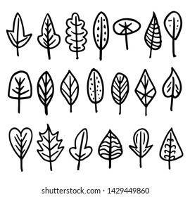 Set of different leaves hand-drawn in cute doodle style. Black illustrations isolated on white background