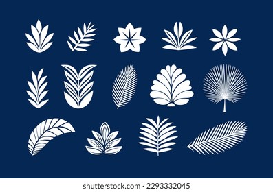 Reihe von verschiedenen Blättern, tropisch und andere. Einfache geometrische Gestaltung. Botanisches Set für Karten, Poster, jedes Design. Vektorgrafik. 