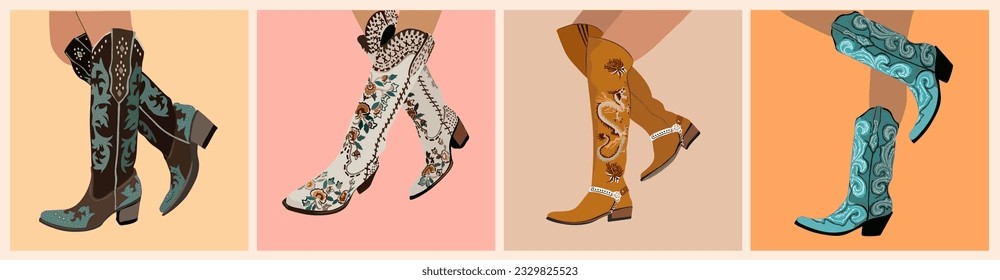 Set of different Legs in cowboy boots. Cowboy western theme, wild west, Texas. Cowgirl boots embroidered traditional decoration. Hand drawn trendy vector illustration isolated on neutral background