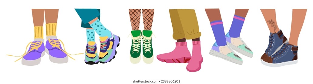 Set of different Legs wearing fashion sneakers. Feet in modern sports footwear. Trendy comfortable sportswear for active lifestyle. Colored flat vector illustrations isolated on white background.