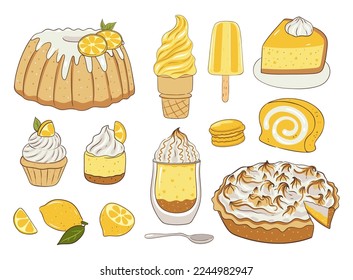 Set of different lemon desserts isolated on white background. Vector graphics.