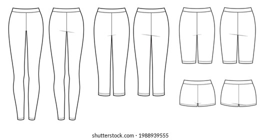 Set Of Different Length Sport Tight Pants. Leggins, Breeches, Shorts