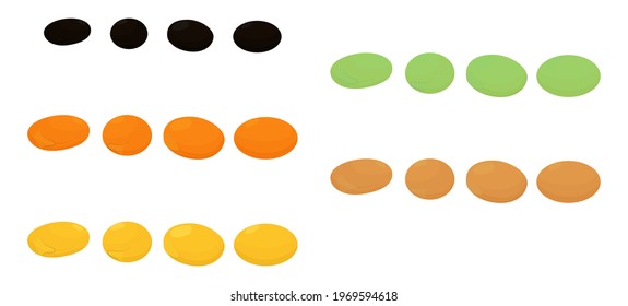 Set of different lentils isolated on white background. Cartoon vector black, yellow, green and brown grains illustration.
