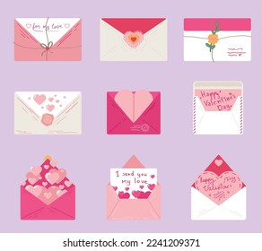 Set of different letters for Valentine's Day on lilac background