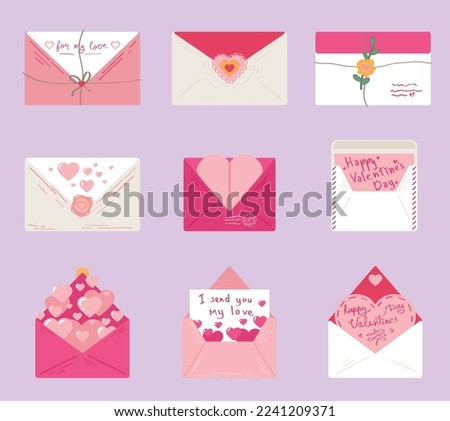 Set of different letters for Valentine's Day on lilac background