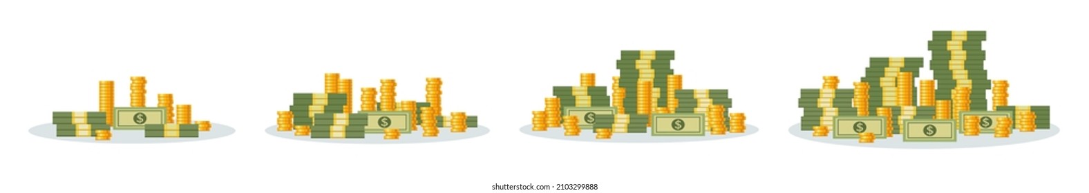 Set von mit verschiedenen Ebenen des Geldes auf weißem Hintergrund. Vektorstapel von Dollarmünzen und -banknoten, Kapitalerhöhung oder Unternehmenseinkommen im Cartoon-Stil.