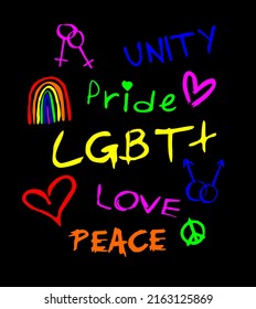 Set of different LGBT pride hand drawn and hand written signs neon colors on black background. Pride month concept. Vector doodle illustration.