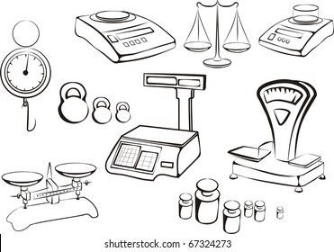 set of different libra and  weight measuring instruments, tools in black lines sketch