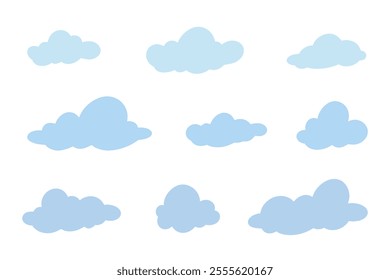 A set of different light blue clouds hand-drawn isolated on a white background, flat design, vector. An airy silhouette of heavenly clouds. Collection of colored empty cloud bubbles for speech, icons